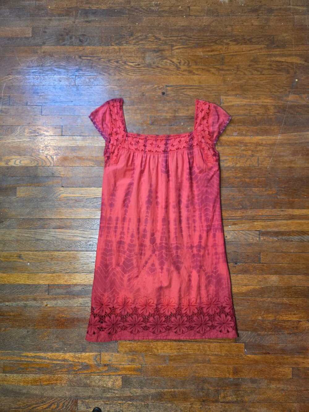 Chaudry Kc Vintage Red Tie Dye Lace Trim Short Sleeve Mini Dress